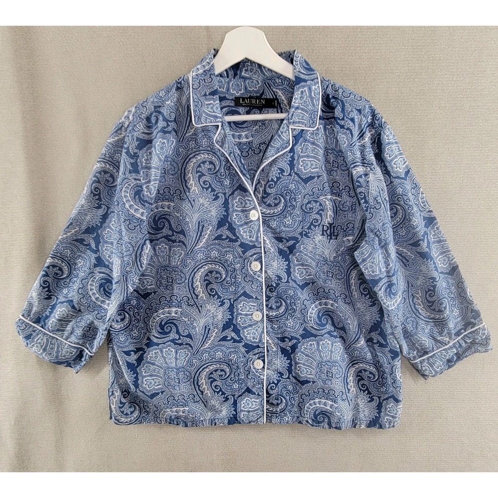 Lauren Ralph Lauren Womens Pajamas 2 Piece Paisley Set Top Pants Size Large Blue - Picture 2 of 14